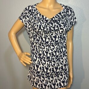 New York & Company Navy Blue Animal Print Cowl Neck Blouse. Cap Sleeves. Size L